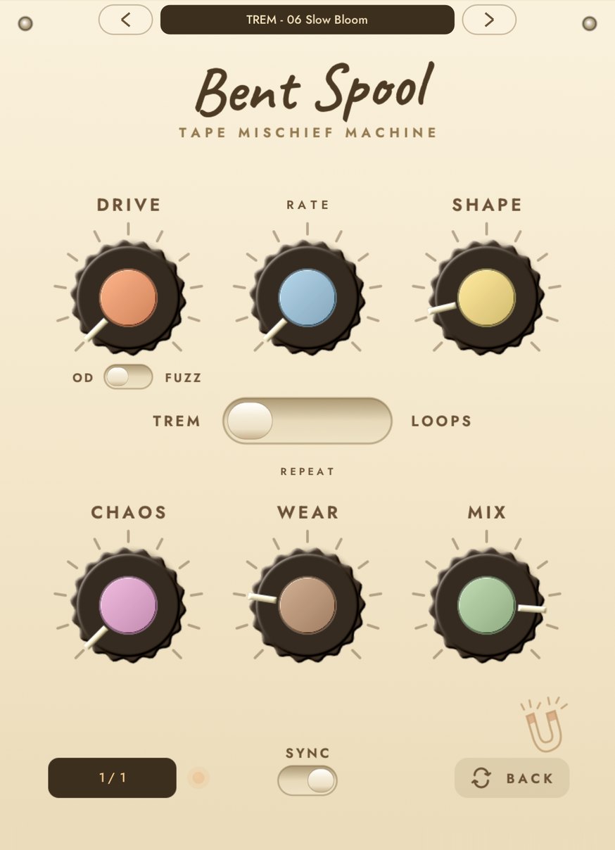 Bent Spool: drive, rate, shape, chaos, wear and mix knobs with a TREM, REPEAT, LOOPS mode switch