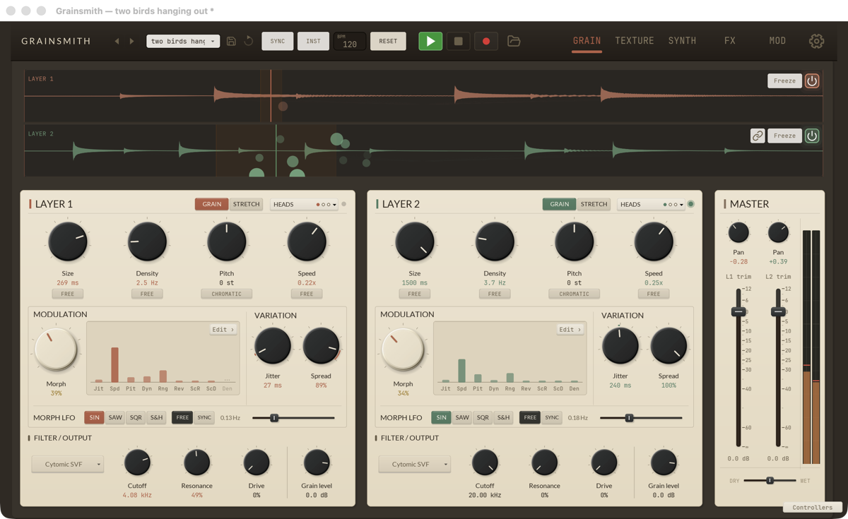 Grainsmith: two grain layers with their waveforms, knob panels and a master section