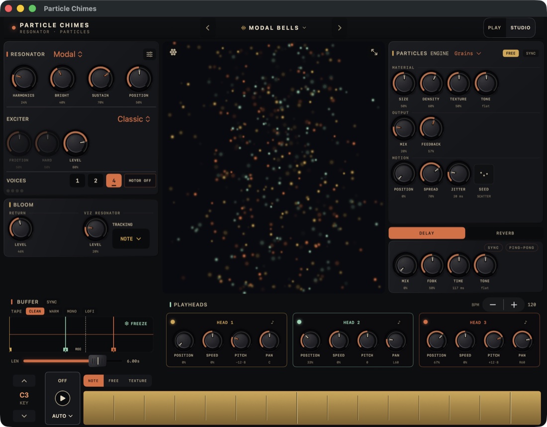 Particle Chimes Studio view: resonator, particles, buffer and three playheads around the visualizer