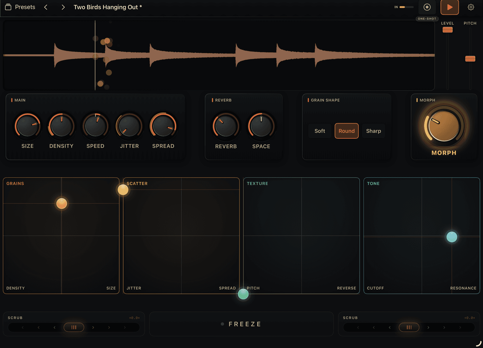 Grainsmith Field on iPad: waveform, ember knobs, four XY pads