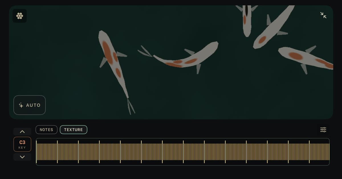 Particle Chimes on iPad: koi drift across the pond visualizer above the playable ribbon and key selector
